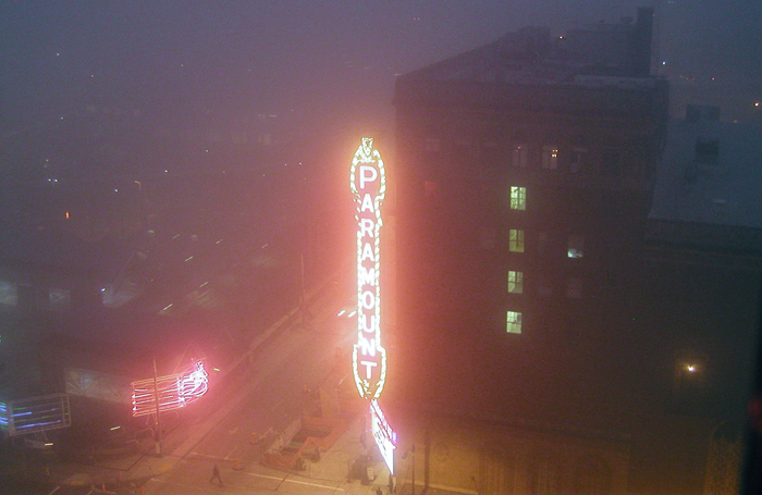 The Paramount Theater shrouded in fog